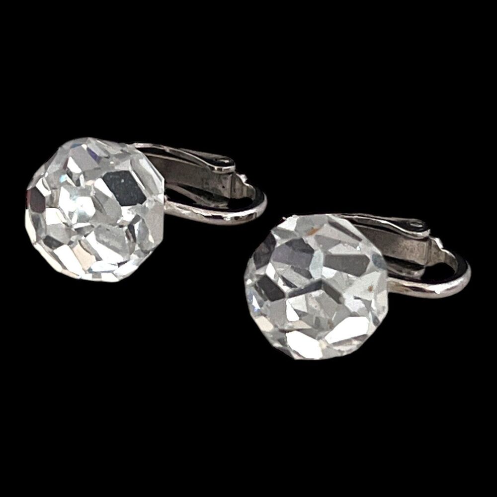 Vintage 1980s Clip On Earrings Silver Tone Faceted Crystal Stud - 13M